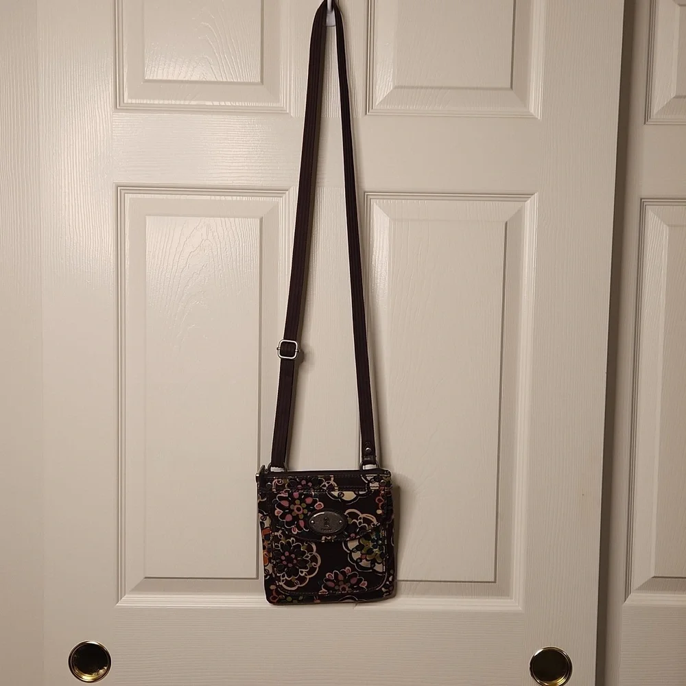 Fossil Women's Key-Per Boho Hippie Dark Brown Floral Canvas Strap Crossbody Bag